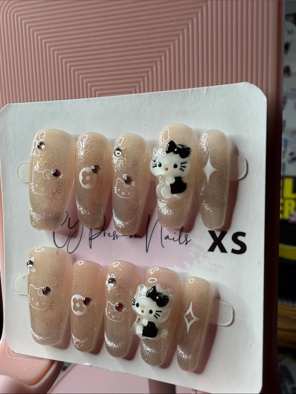 Hello Kitty Nude Pink Glitter Press-On Nails with 3D Charms